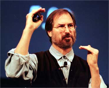 Jobs talks during a presentation of Apple's G3 line of Macintoshes and PowerBooks at the Flint Center in Cupertino on Nov 10, 1997.