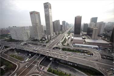 A general view of the office buildings and Guomao Bridge (bottom) in Beijing's Central Business District.