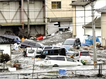 Flooded streets in Kesennuma city, in Japan's Miyagi Prefecture.