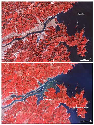 Croplands and settlements lining Kitakami River in Miyagi Prefecture seen on January 16 (top) and then on March 14 (bottom) showing ocean waters flooding many areas.