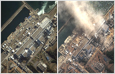 A combination of handout satellite images shows the Fukushima Daiichi nuclear plant on November 21, 2004 (L) and on March 14, 2011 (R).