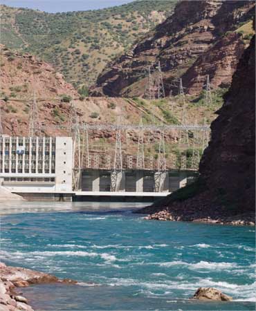 A view of the Nurek hydroelectric power plant on Vakhsh river in central Tajikistan.
