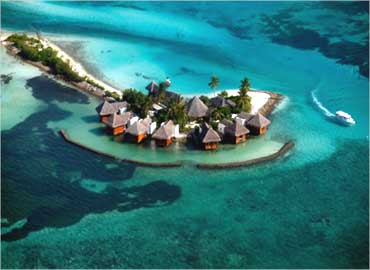 An aerial view shows a resort island at the Male Atoll, Maldives.