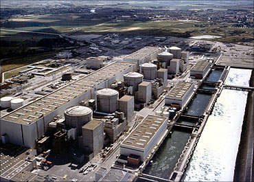 Aerial view showing the six reactors at the Gravelines nuclear power.