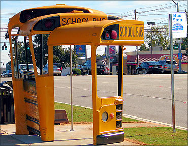 Bus stop made from an old school bus.