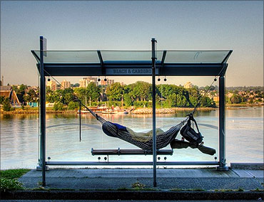 Bus stop with a hammock.