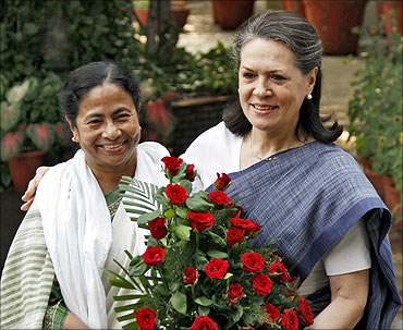 A file photograph of Mamata Banerjee with Congress chief Sonia Gandhi