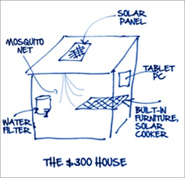 A simple napkin sketch, of the $300 house, made by Govindarajan and Christian Sarkar.