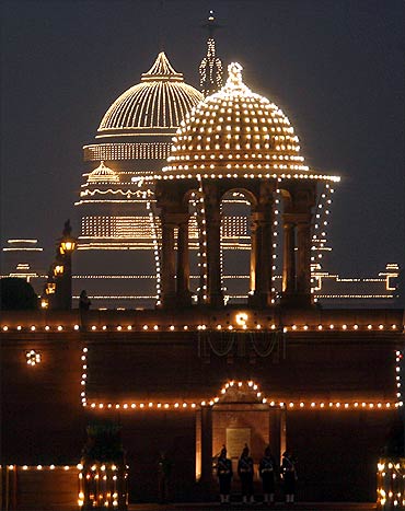 The Indian presidential palace is illuminated during the Beating the Retreat ceremony in New Delhi.