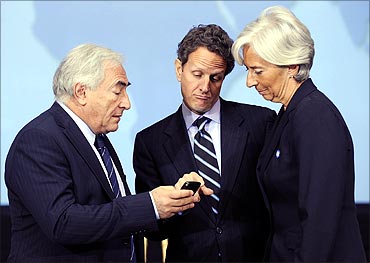 Dominique Strauss-Kahn (L-R), Timothy Geithner and Christine Lagarde.