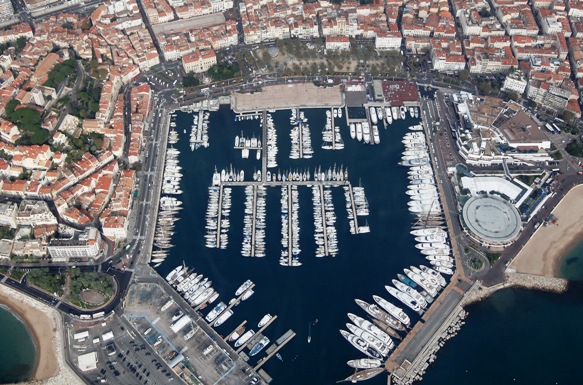 An aerial view shows the port and festival palace in Cannes where G20 leaders will meet for a Summit.