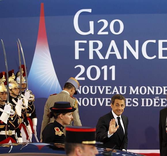 France's President Nicolas Sarkozy arrives at the G20 venue where world leaders gather in Cannes