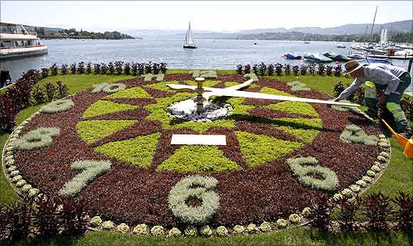 A gardener prepares the dial made of plants, of a giant clock during sunny summer weather at the borders of Lake Zurich.
