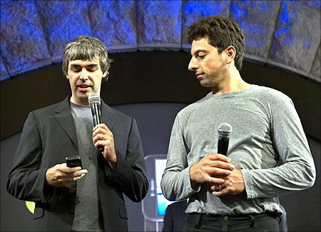 Larry Page (L) and Sergey Brin, founders of Google.