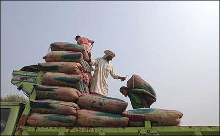 Men load sacks of dates onto a truck at a dry port before transporting them to India at Wagah border.