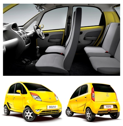 Undated handout Illustrations and interiors of Tata Motors' Nano car are pictured in this combo illustration.