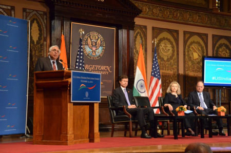 From left, India's Education Minister Kapil Sibal; Assistant Secretary for South and Central Asian Affairs Robert O Blake; Secretary of State Hillary Clinton; and Georgetown University President John J DeGioia at the US-India Higher Education Summit in October. (Courtesy: Facebook.com/IndembassyUSA
