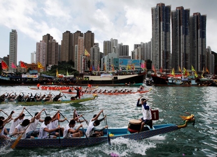 Participants compete in a dragon boat race to mark the annual Tuen Ng or Dragon Boat Festival in Hong Kong.