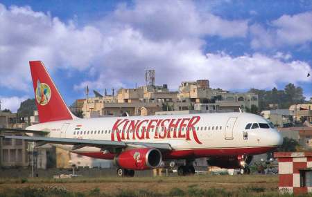 A Kingfisher Airlines plane taxing at Bangalore Airport.
