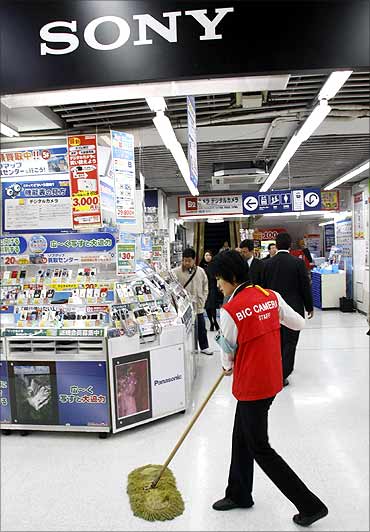 A Sony Corp signboard is displayed at an electronics shop in Tokyo.