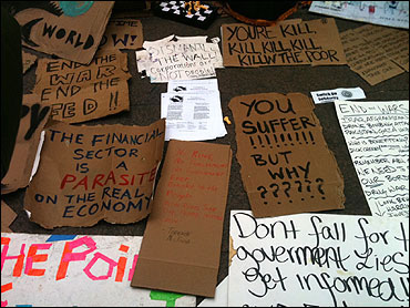 Protest signs from the Occupy Wall Street campaign in Zucotti Park near the financial district of New York.