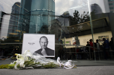 Flowers laid outside an Apple Store in downtown Shanghai.