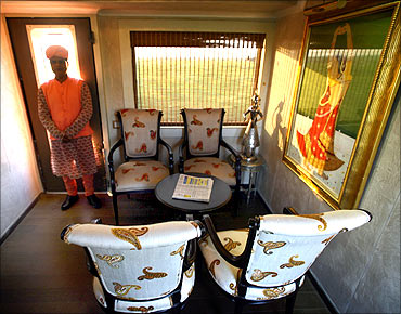 The lobby of luxury train, Royal Rajasthan on Wheels.