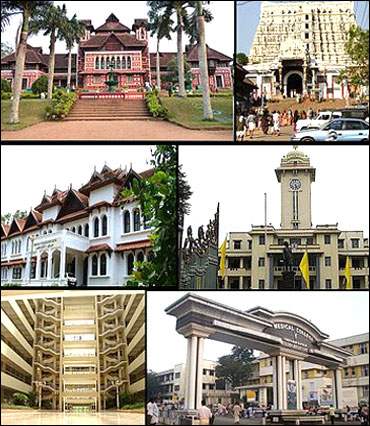 From top clockwise: Napier Museum, Padmanabhaswamy Temple, University of Kerala, Government Medical College, Kerala Institute of Medical Sciences, Bhavani building in Technopark.
