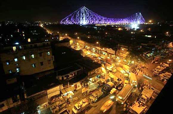 The skyline of Kolkata at night.