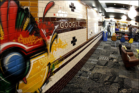Employees stand in a break room designed as a subway station at the Google building in Zurich.