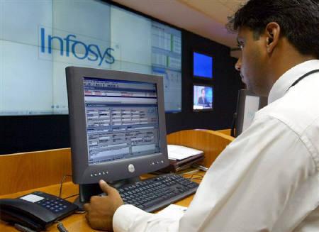An engineer works in the control room at Infosys campus at Electronics City in Bangalore.