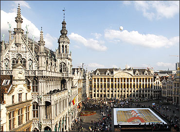 A more than 500 square meter comic strip board showing Tintin's rocket displayed at Brussels' Grand Place.