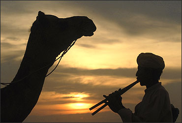 A villager plays flute as he is silhouetted against the setting sun over the Thar Desert.