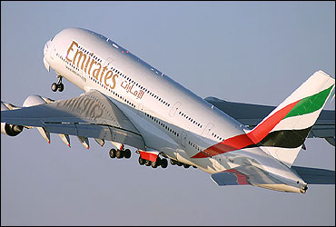Emirates plane takes off.