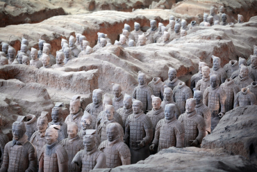 Terracotta warriors stand inside the pit of the Museum of Qin Terracotta Warriors and Horses in Xi'an, Shaanxi province.