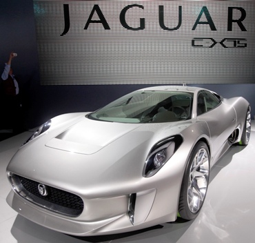 The Jaguar C-X75 concept car is displayed on media day at the Paris Mondial de l'Automobile.