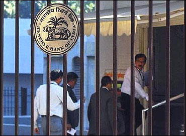 The RBI logo is pictured outside its head office in Mumbai.