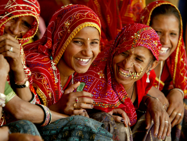 Rajasthani women, dressed in traditional attire, at the Pushkar fair in Rajasthan.
