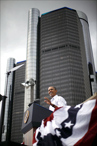 US President Barack Obama speaks at a Labour Day event in front of General Motors.