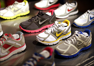 Nike shoes are displayed at a Niketown store in Beverly Hills, California.