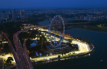 An aerial view shows a section of the illuminated Marina Bay street circuit of the Singapore Formula One Grand Prix.