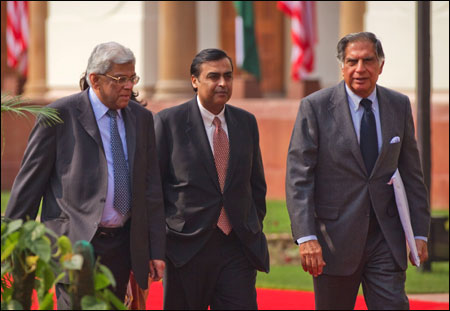 Deepak, Parekh (L), Mukesh Ambani (C) and Ratan Tata (R).