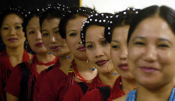 Dancers from Arunachal Pradesh wait to perform at a cultural show in Agartala, capital of Tripura.