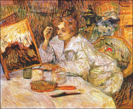 An 1889 Henri de Toulouse-Lautrec painting of a woman applying cosmetics to her face.