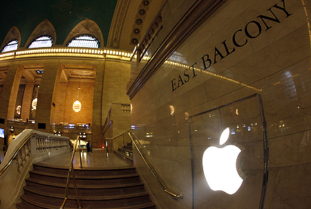Apple Inc. logo is seen on the steps of the East Balcony leading to the Apple store in New York City's Grand Central Station.