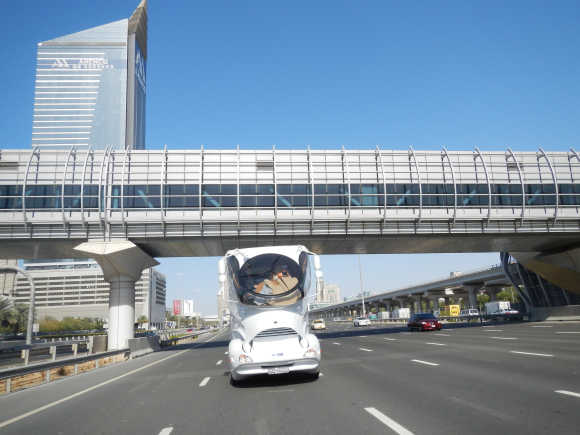 Elemment Palazzo, the new motorhome launched by Marchi Mobile, cruises on Dubai's Shaikh Zayed Road.