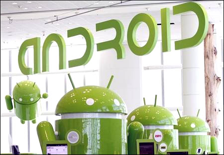 Android mascots are lined up in the demonstration area at the Google I/O Developers Conference.