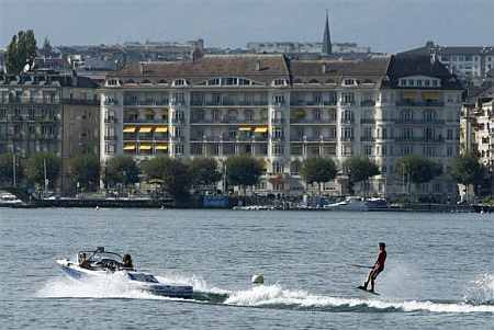 A wakeboarder performs on Lake Leman in Geneva