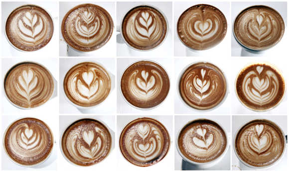 A combination photo shows cups of latte with patterns made of milk and espresso that were entered in the Coffee Fest in New York.