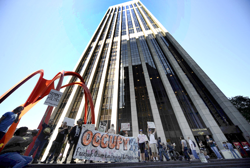Occupy LA protesters stage a rally in front of the Bank of America building in downtown Los Angeles.